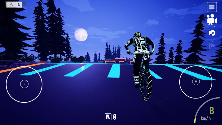 A screenshot from our Descenders mobile review showing a biker riding at night along a tarmac surface with pine trees and the moon adorning the sky.