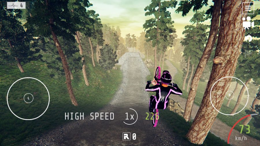 A screenshot from our Descenders mobile review showing a biker pulling a wheelie in the air down a steep dirt slope in a pine tree forest.