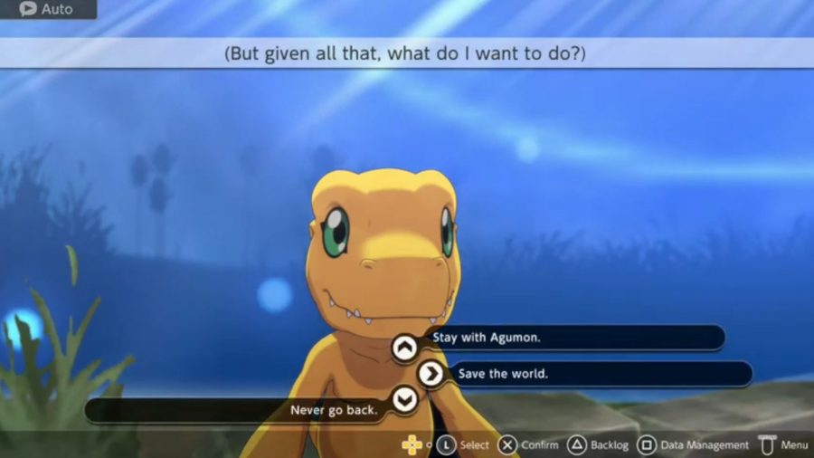 Screenshot of the Agumon choice screen that splits into different endings with the choices laid out at the bottom of the screen
