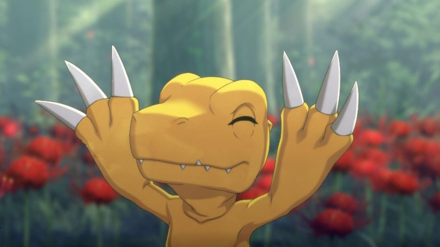 Agumon throwing his hands in the air and having a happy moment with Takuma in Digimon Survive