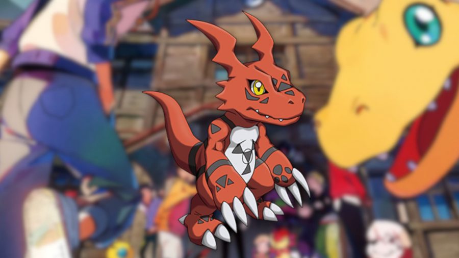 Czerwono-czarny Guilmon Digimon Survive, dinozaur typu mon, na rozmytym tle Digimon Survive