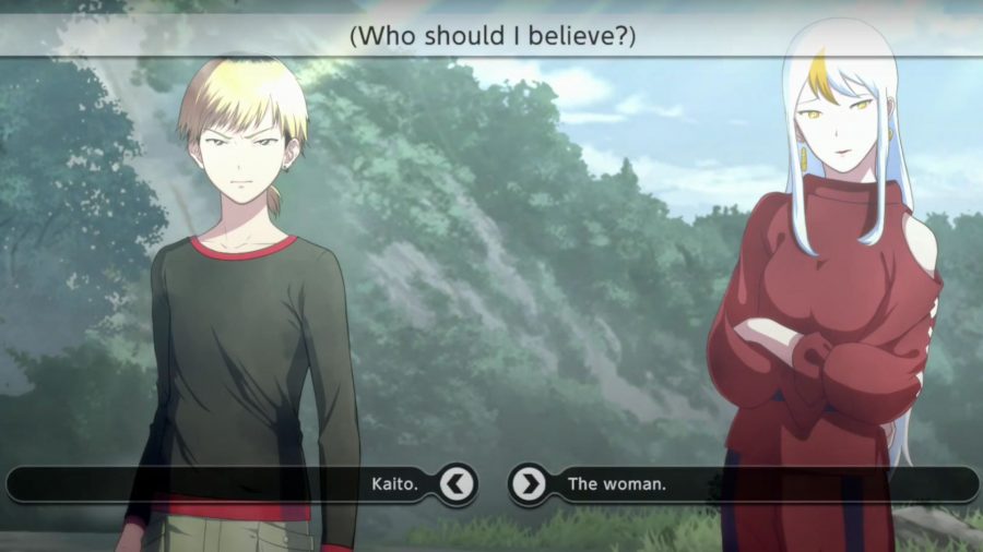 Screenshot of the decision screen menu which has a choice under either Kaito or the unfamiliar woman in Digimon Survive
