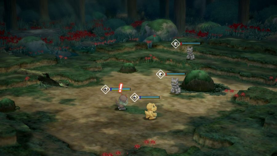 A screenshot from Digimon Survive's battle tutorial with Agumon and Falcomon facing off against two Gotsumon