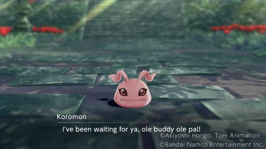 Digimon Survive review - a little pink Digimon named Koromon telling you he's excited to see you