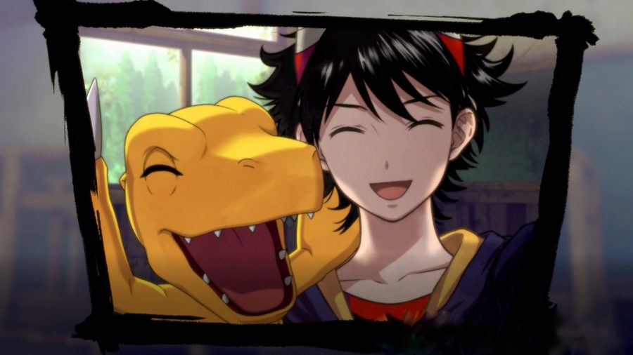 Digimon Survive review - Agumon and Takuma with big smiles on their faces taking a selfie