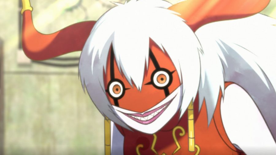 Screenshot of Arukenimon, the evil Digimon who won't let you save everyone in Digimon Survive, with her long white hair and spider horns