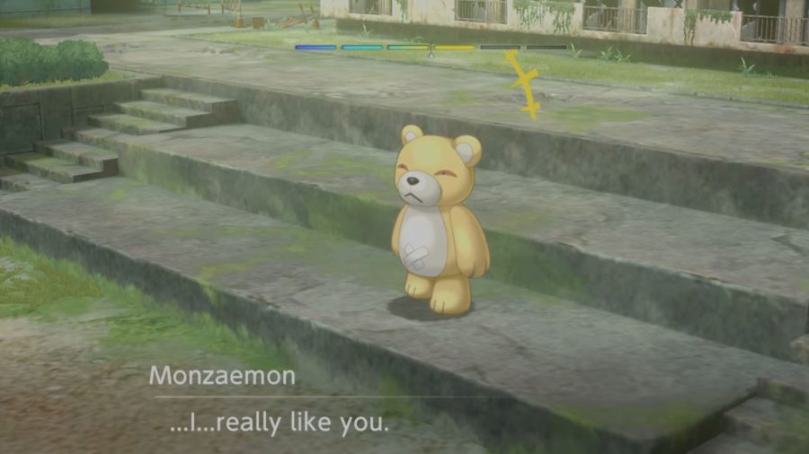 A screenshot of one of Monzaemon's questions in Digimon Survive second island free battle area