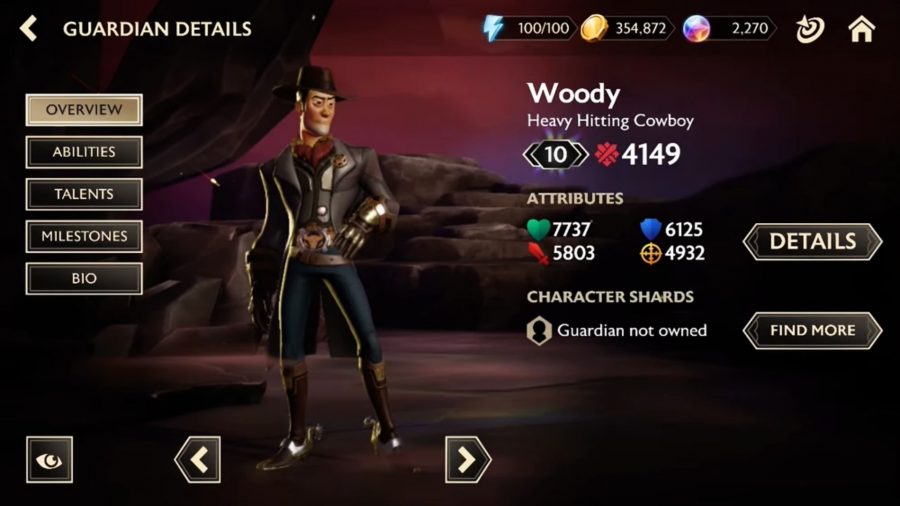 The Disney Mirrorverse Woody character screen, displaying his stats and attributes
