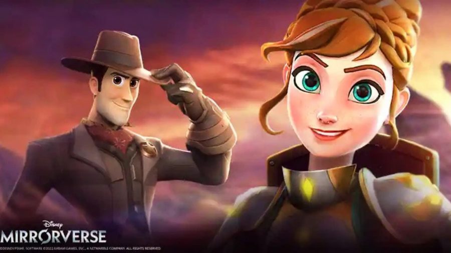 Disney Mirrorverse's Woody stood next to Anna in front of a sunset background