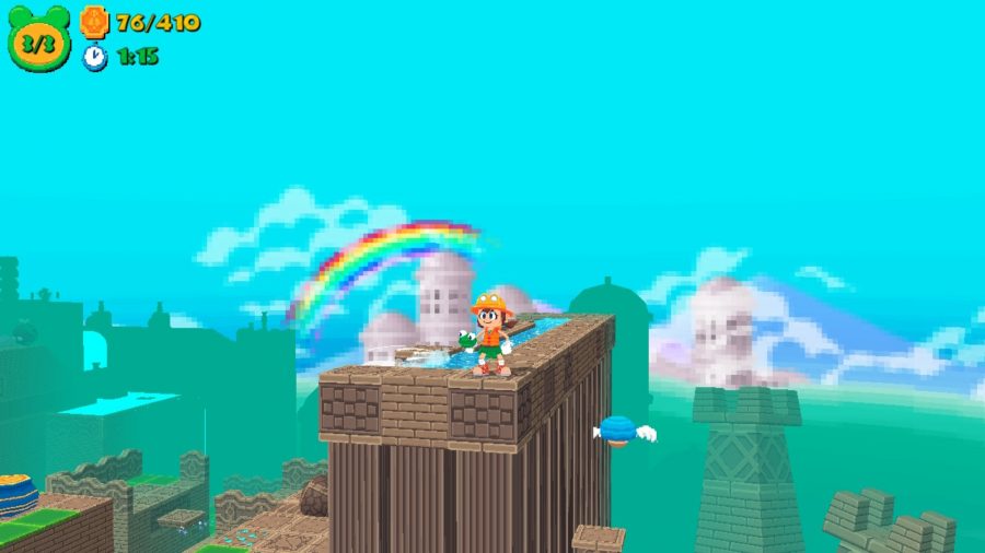 Frogun review: image shows Renata standing at the top of an ancient temple. A rainbow is seen behind her.