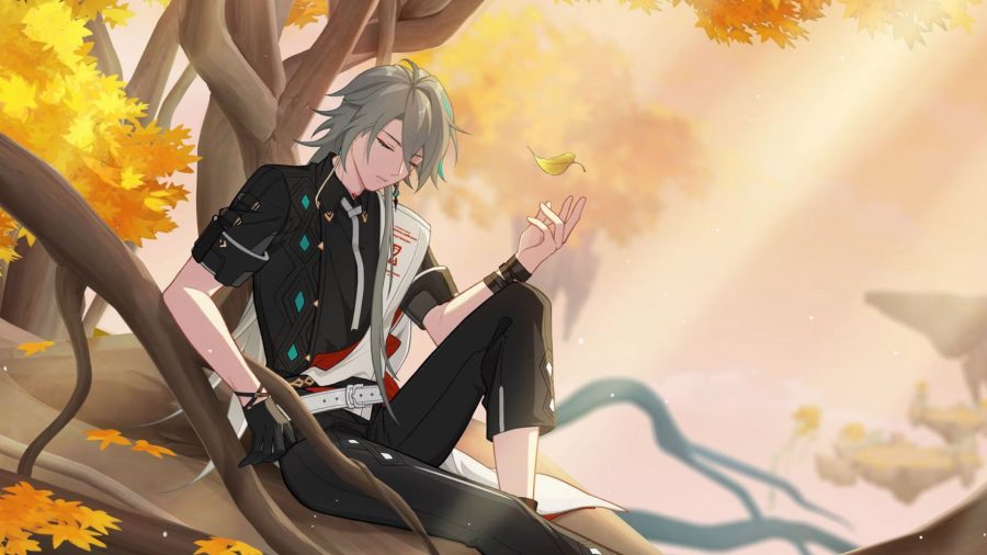 Genshin Impact Alhaitham: Honkai Impact 3rd Su sat in front of a tree with a leaf floating above his hand
