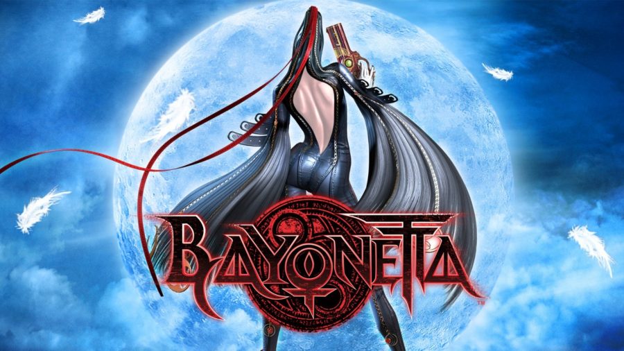 Girl Games - Bayonetta stood facing the moon with her gun raised