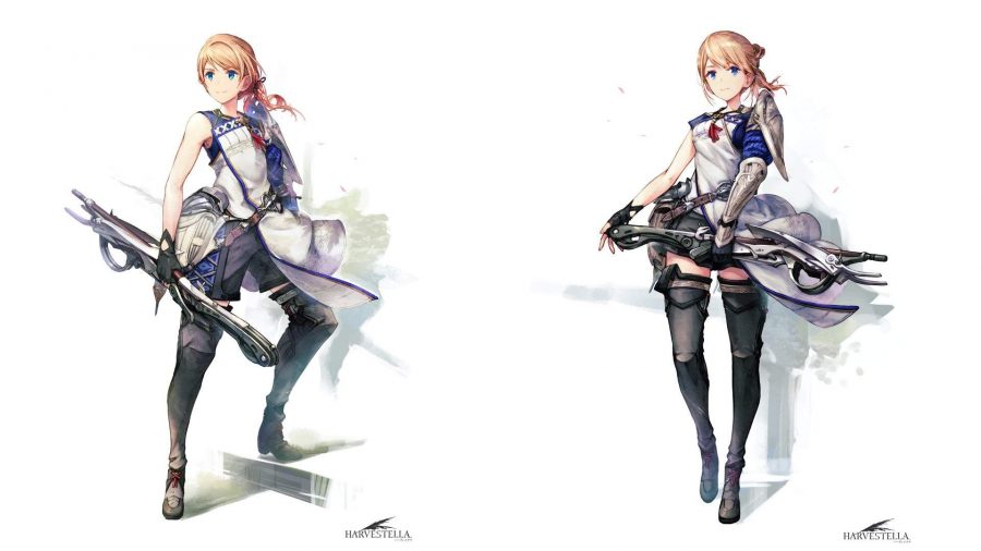 Two characters on a white background, the protagonist from Harvestella. On the right, they are stood more daintily, with long boots, a blue and white outfit that looks a bit like something an old-time baker would wear, and blonde hair tied up. On the right they're in more of a hero pose, bow and arrow at the ready, in the same outfit.
