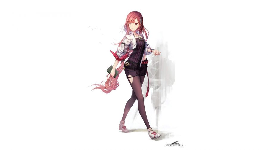 Character art for Aria from Harvestella. She is a pink/red haired woman with a white coat and short black dress, with ripped black tights. She looks like a scientist.