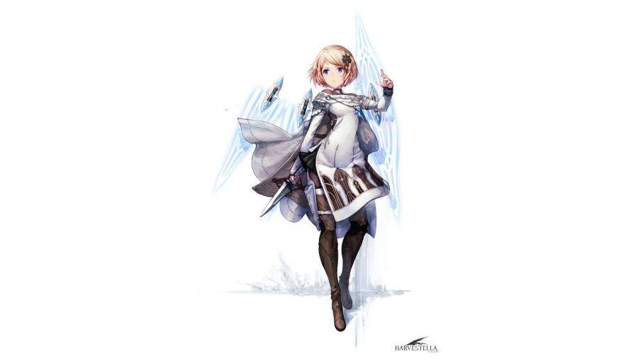 Art for Shrika from Harvestella. She is short young woman or girl with blonde hair in a sort of bob, a white outfit that has religious vibes, and black trousers or tights on.