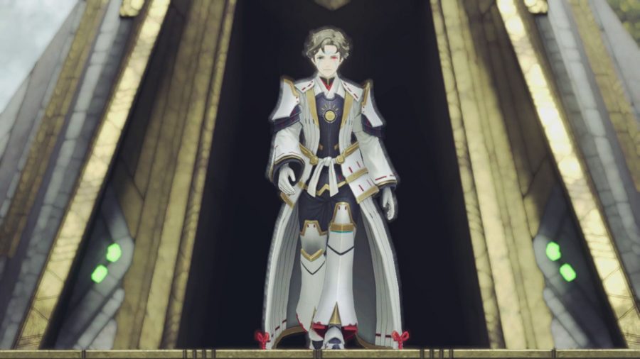A character from Xenoblade Chronicles 3 walking out of a doorway. They are wearing a strange white outfit with long white coat over the top.