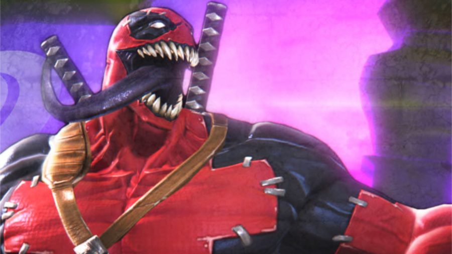 MCoC duel - a close up of Venompool with swords on his back and his tongue swaying in the wind