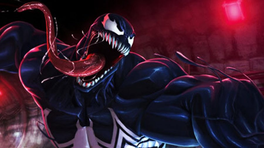 Venom charging forward with his tongue sticking out in front of a red background, he looks rather menacing to be honest