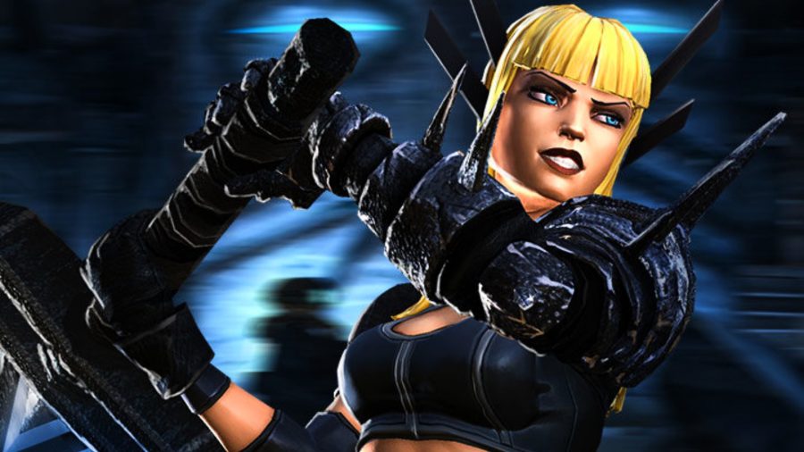 Magik in front of a cosmic background with her sword over her shoulder in an attacking position
