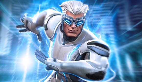 MCoC's Quicksilver running forwards in front of a blue screen