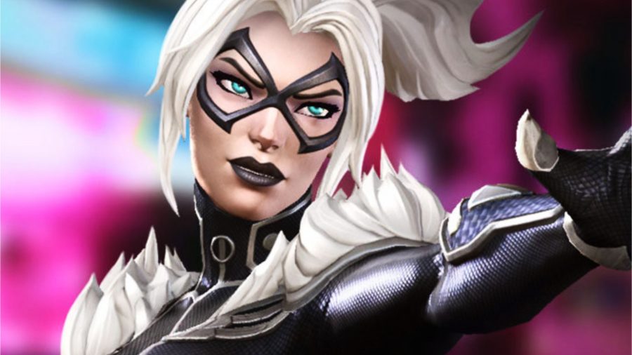 MCoC synergy - Black cat reaching out with her clawed hand in front of a pink background