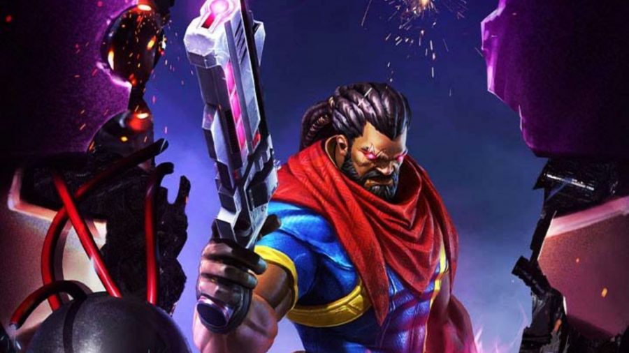 MCoC synergy - Bishop stood looking down with his gun pointed in the air with a spacey backdrop