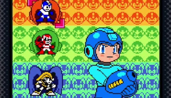 Screenshot from Mega Man Battle & Fighters with Mega Mans blue blaster on show besides a group of enemies
