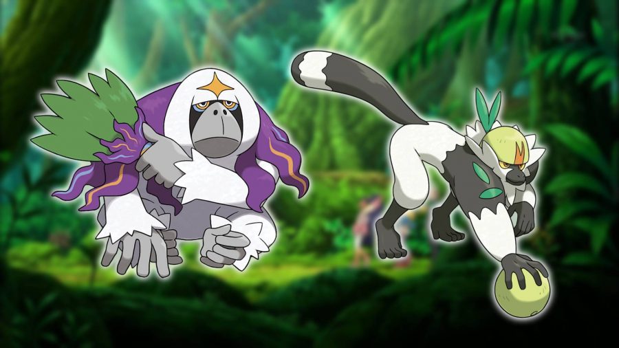 Monkey Pokemon: With a jungle-based Pokemon still in the background, an image shows the monkey Pokemon Oranguru and Passimion