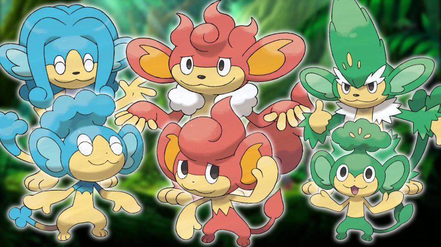 Monkey Pokemon: With a jungle-based Pokemon still in the background, an image shows the monkey Pokemon Panpour, Pansear, and Pansage, as well as their evolutions Simipour, Simisage, and Simisear