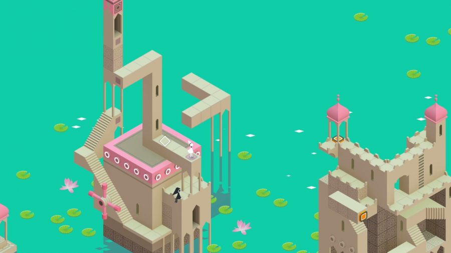 A watery level of Monument Valley with buildings apart from each other