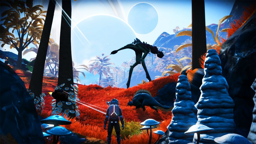 No Man's Sky multiplayer - a traveller on an orange grass planet