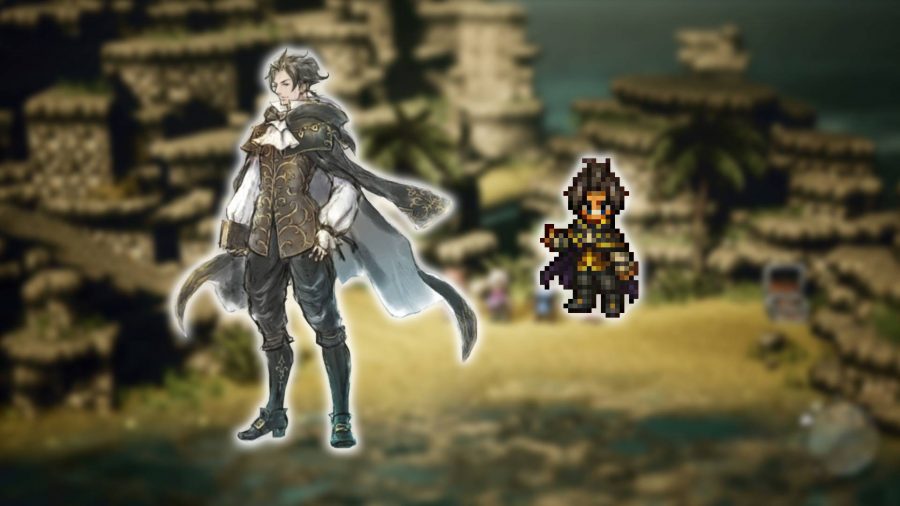 Octopath Traveler characters: key art and a pixelated model show a lean, robe wearing mage with long dark hair 