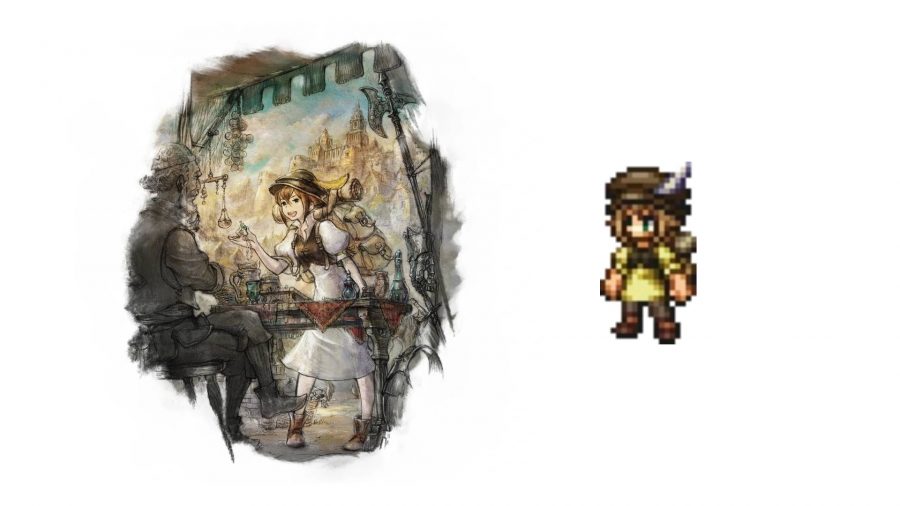 Octopath Traveler characters: key art and a pixelated model show a young girl with a backpack full or products,, working as a merchant 