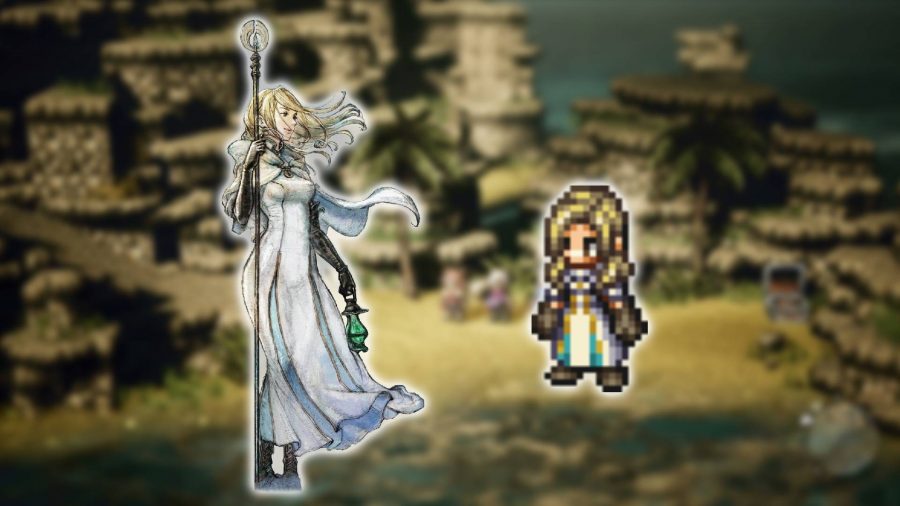 Octopath Traveler characters: key art and a character model show a tall woman with flowing blonde hair, wearing all white and holding a tall staff 