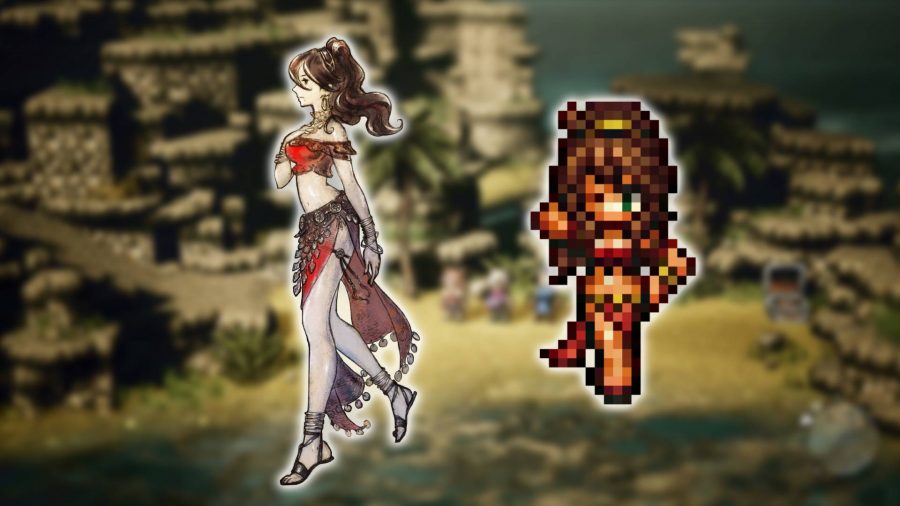 Octopath Traveler characters: key art and a pixelated model show a slender brunette women with a revealing outfit, she looks like a dancer 