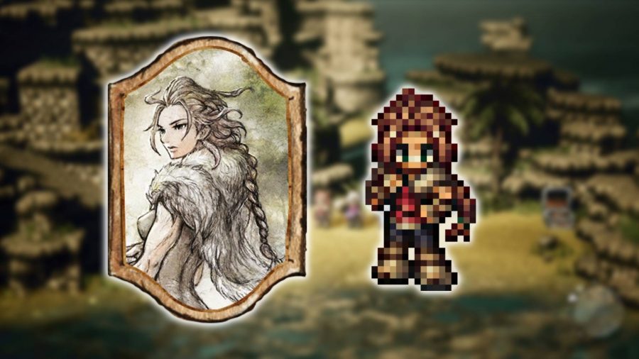 Octopath Traveler characters: key art and a pixelated character model show a women with long brown hair, wearing animal pelts and looking wild. 