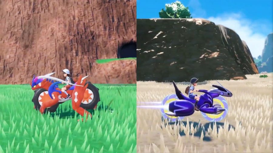 Trainers riding the legendary pokemon from Scarlet and Violet