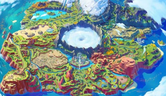 A map of the Paldea region in Pokémon Scarlet & Violet. IN the middle is a large stony bowl-type thing that looks like it's full of clouds. In the back is a large snowy mountain, nearer the from some sandy outcrops and whatnot. The whole thing is surrounded by a circle of water.