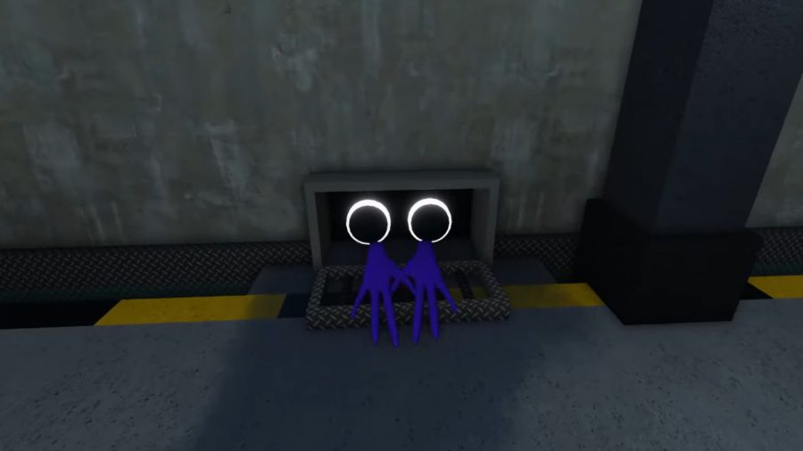 The Purple Rainbow Friend emerging from the vents under Odd World