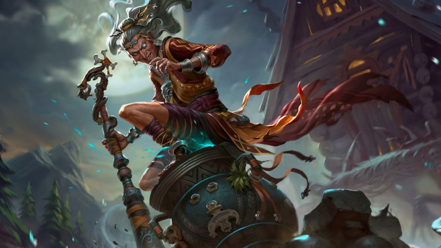 Smite character and SLavic god Baba Yaga standing with her cane on a witches pot