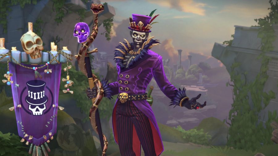 Smite character and Voodoo myth Baron Samedia in his purple attire with purple skull cane 