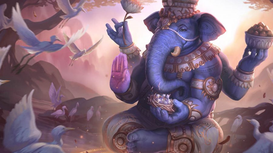 Hiere al personaje Ganesha en una zona extraña con los brazos cruzados y el tronco largo
