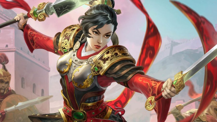 Chinese God Mulan with her bows and swords facing an unseen enemy