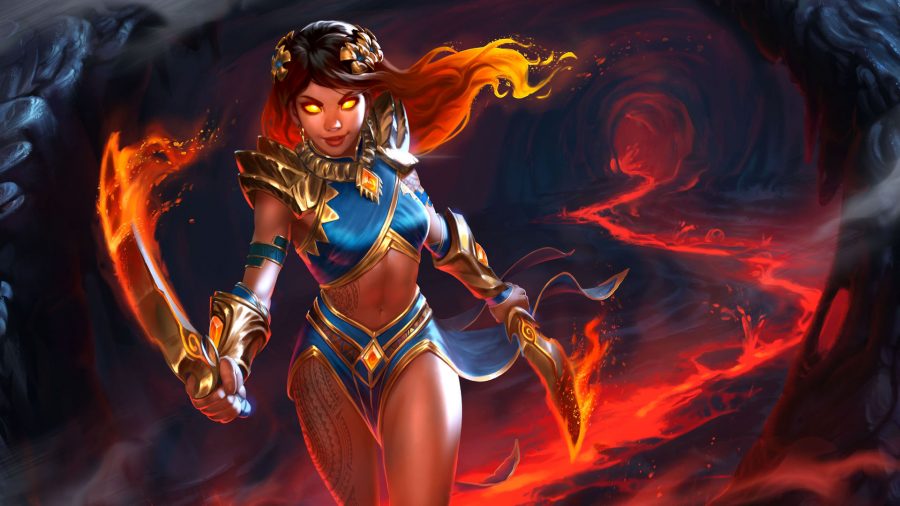 Polynesian god and Smite character Pele with her burning sword and hair