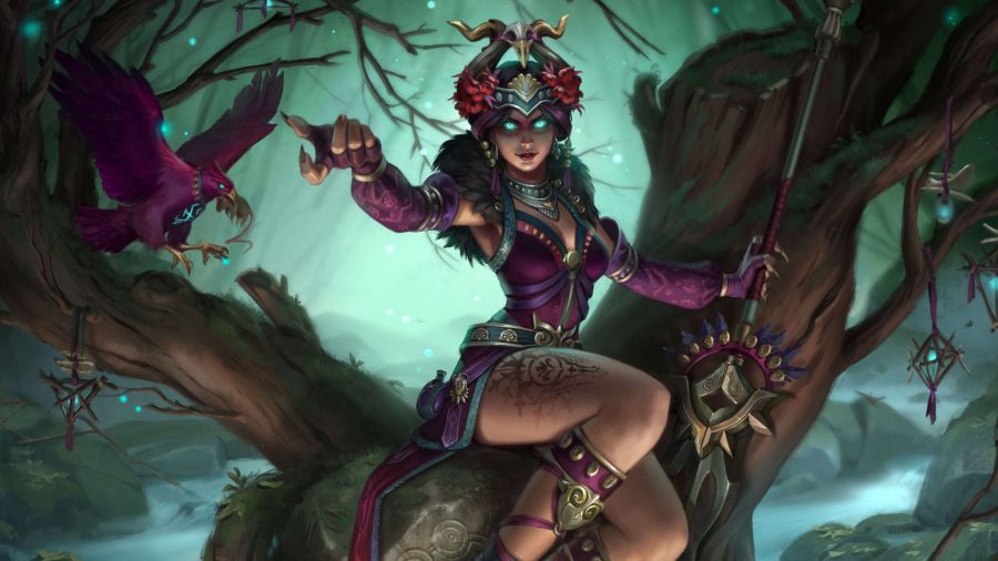 Smite character The Morrigan sat in a tree with her purple raven