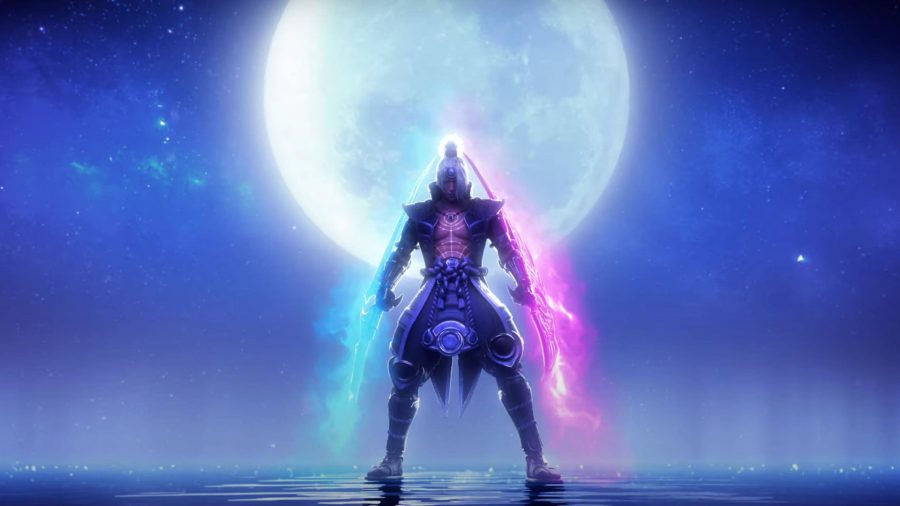 Smite character Tsukuyomi standing under a moon with coloured swords 