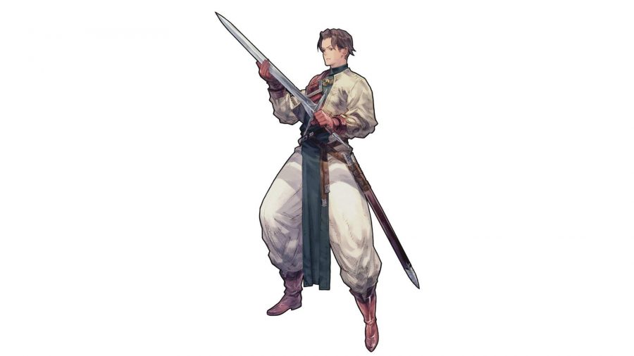 Character art from Tactics Ogre: Reborn for Denam Pavel, a man with a baggy white outfit with a long green bit of cloth hanging from his neck down to his knees. He holds a silver sword in his hand and has shortish brown hair.
