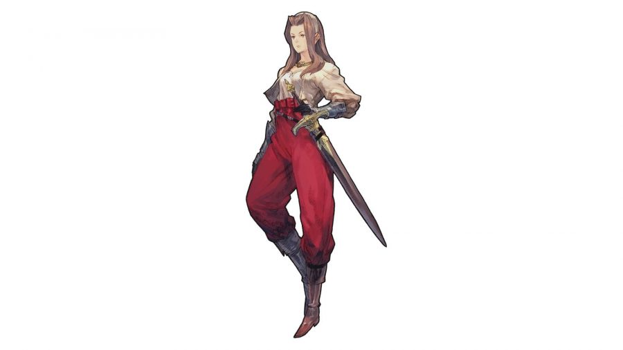 Character art from Tactics Ogre: Reborn for Catina Pavel, a woman with long brown hair, a white shirt, high waisted deep red trousers, and a golden sword sheathed on her hip.
