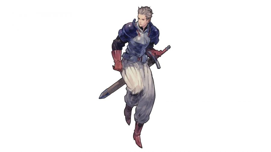Character art from Tactics Ogre: Reborn for Vice Bozeck, a man with shortish white/brown hair, blue shoulder armour, silver chest armour, red gauntlets, baggy white trousers, and a wide sword sheathed on his hip.
