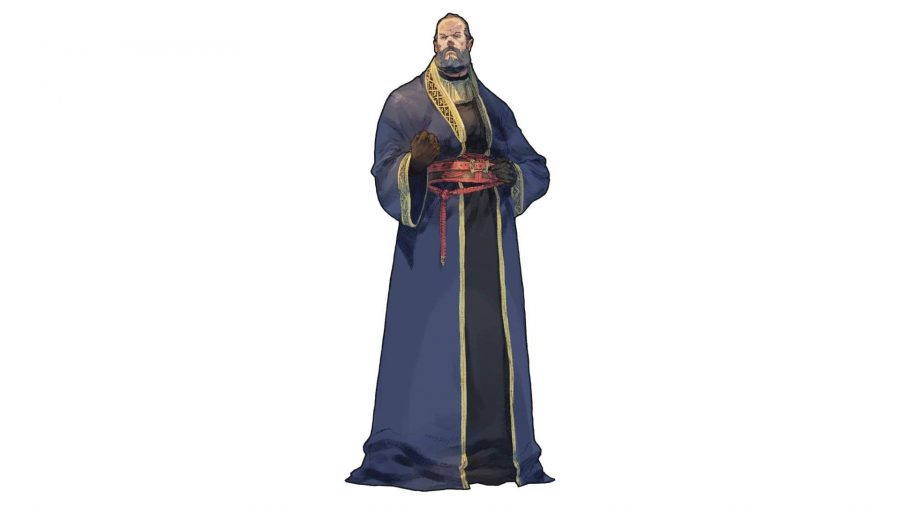 Character art from Tactics Ogre: Reborn for Juda Rowney, a religious looking feller with receding grey hair and big grey beard, long blue gown with golden detailing on the edges, and a wide red belt. He has one fist clenched, slightly raised near his chest.